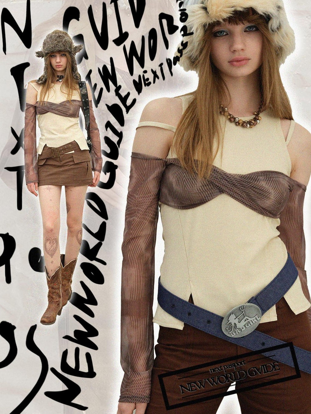 NextPassport MOF Brown Mesh Faux Two Piece Bustier Women's Tulle Off-shoulder T-shirts