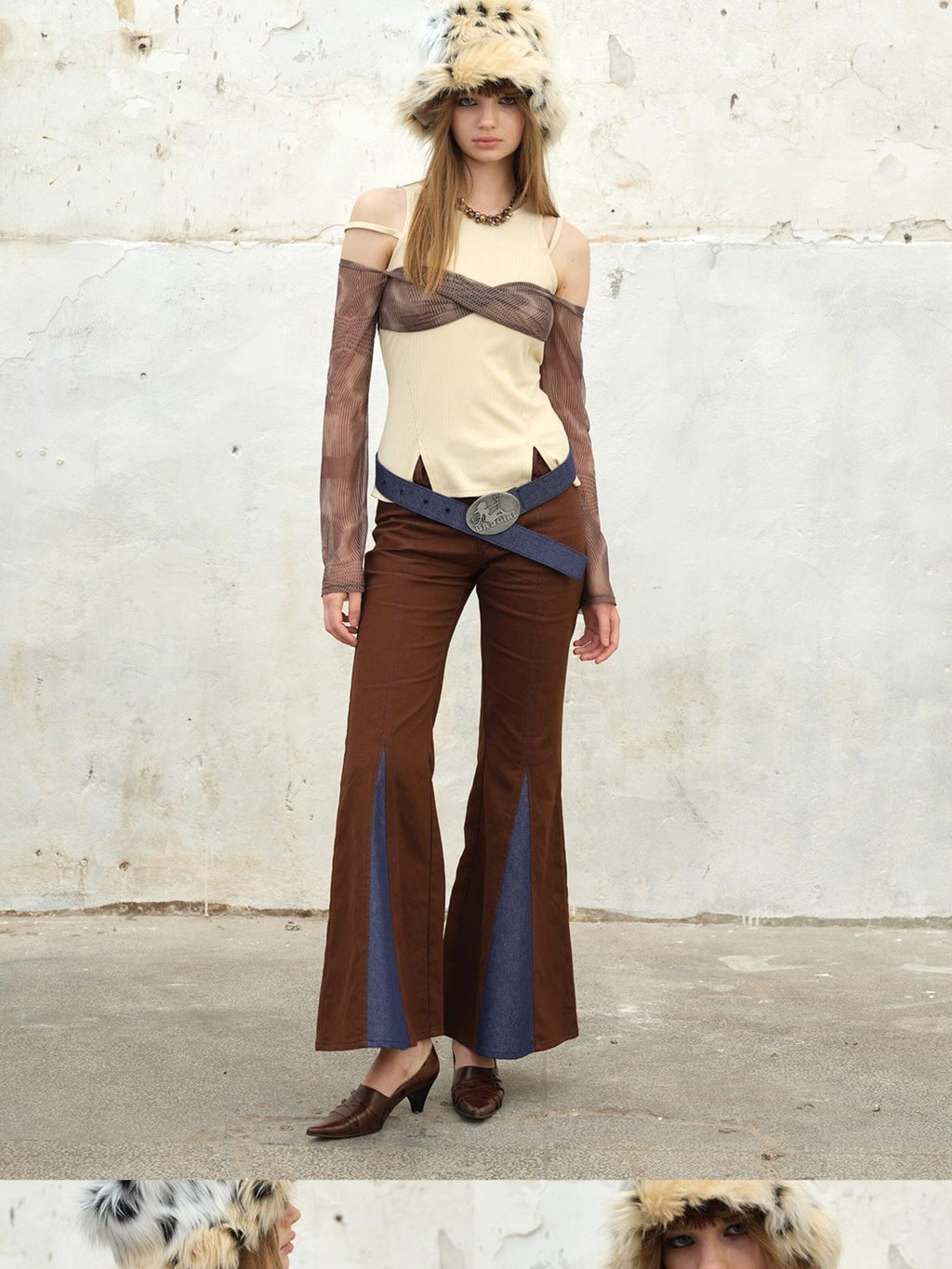 NextPassport MOF Brown Mesh Faux Two Piece Bustier Women's Tulle Off-shoulder T-shirts