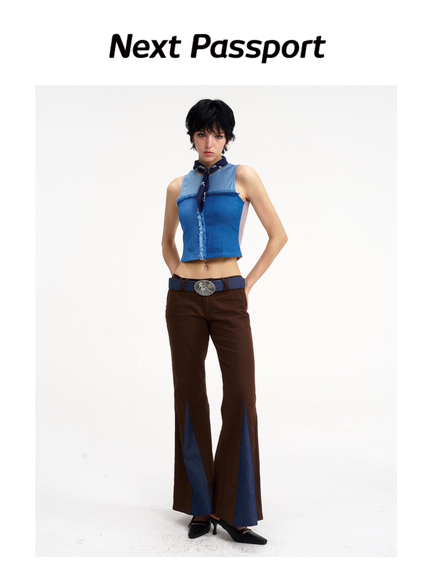 NextPassport MOF Brown Patchwork Denim Low Waist Zipper Women's Polyester Flare Jeans