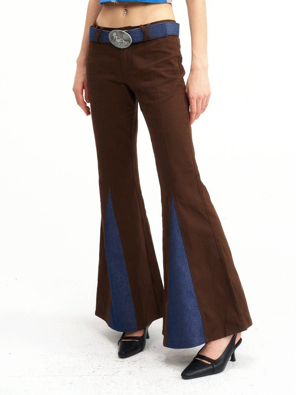 NextPassport MOF Brown Patchwork Denim Low Waist Zipper Women's Polyester Flare Jeans