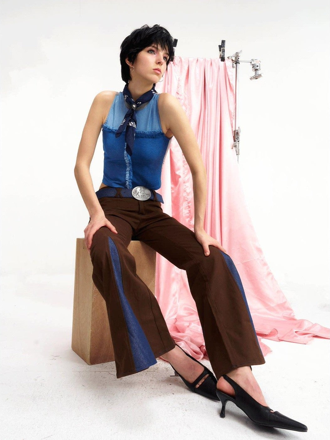 NextPassport MOF Brown Patchwork Denim Low Waist Zipper Women's Polyester Flare Jeans