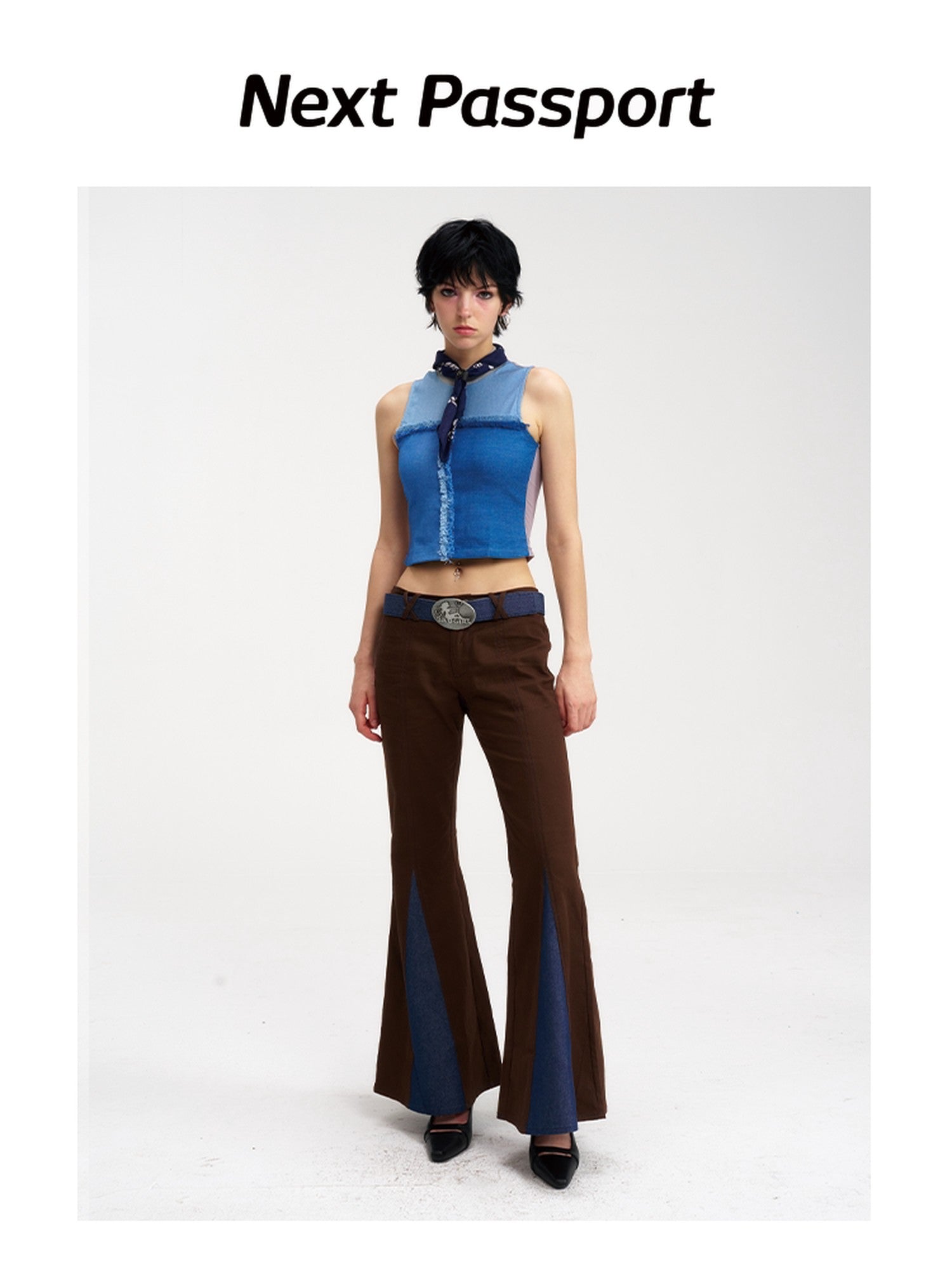 NextPassport MOF Brown Patchwork Denim Low Waist Zipper Women's Polyester Flare Jeans