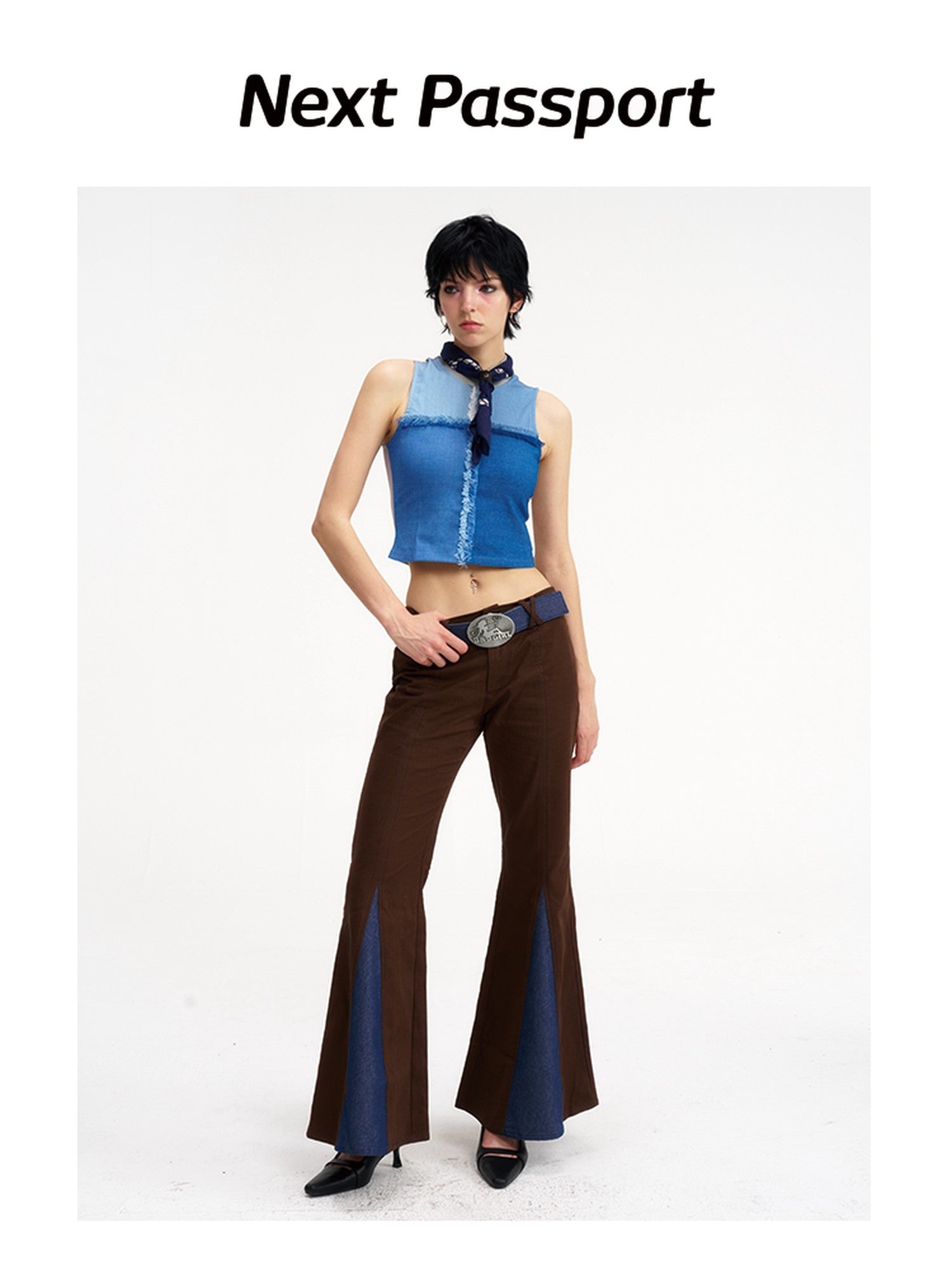 NextPassport MOF Brown Patchwork Denim Low Waist Zipper Women's Polyester Flare Jeans