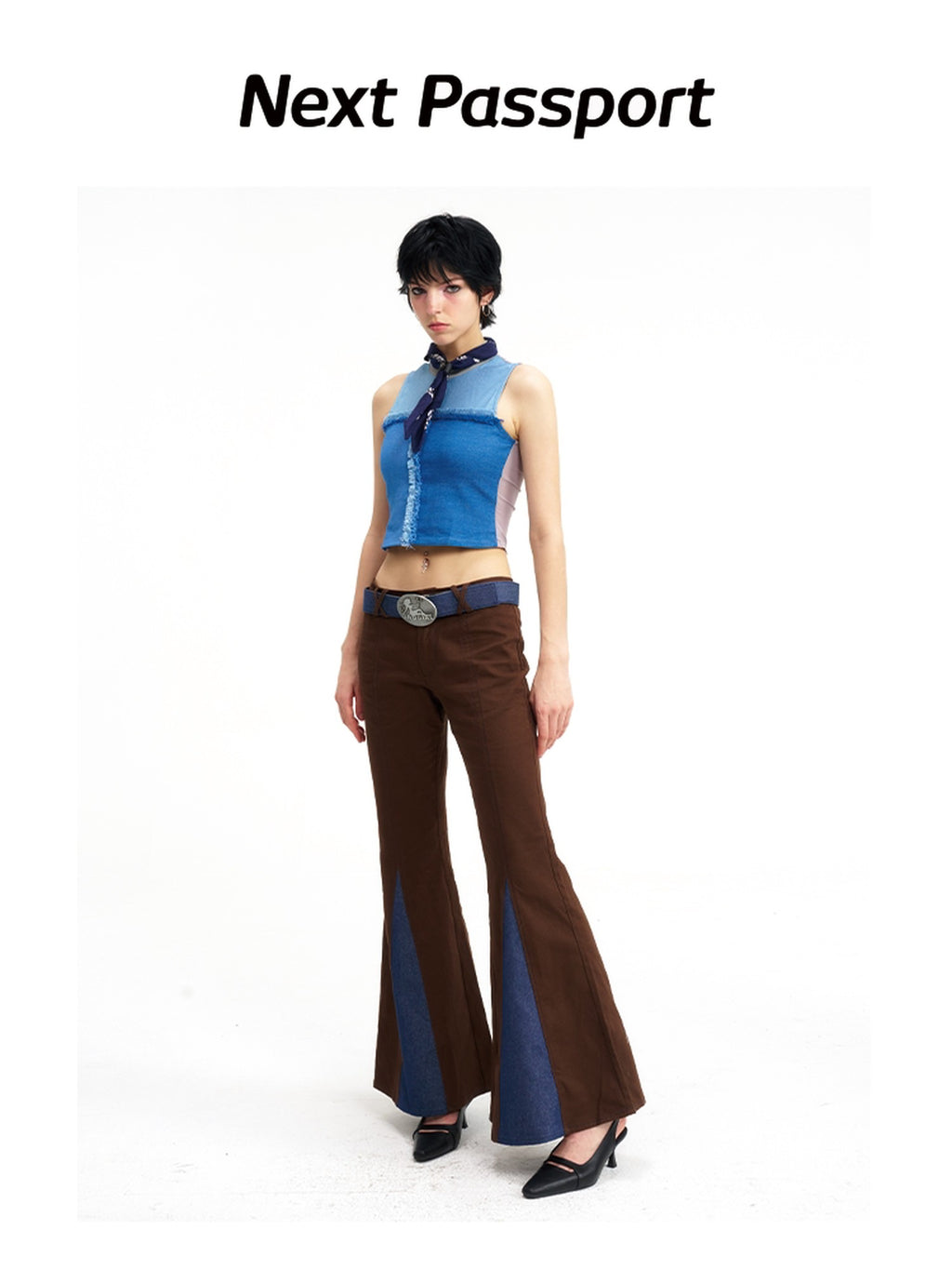NextPassport MOF Brown Patchwork Denim Low Waist Zipper Women's Polyester Flare Jeans