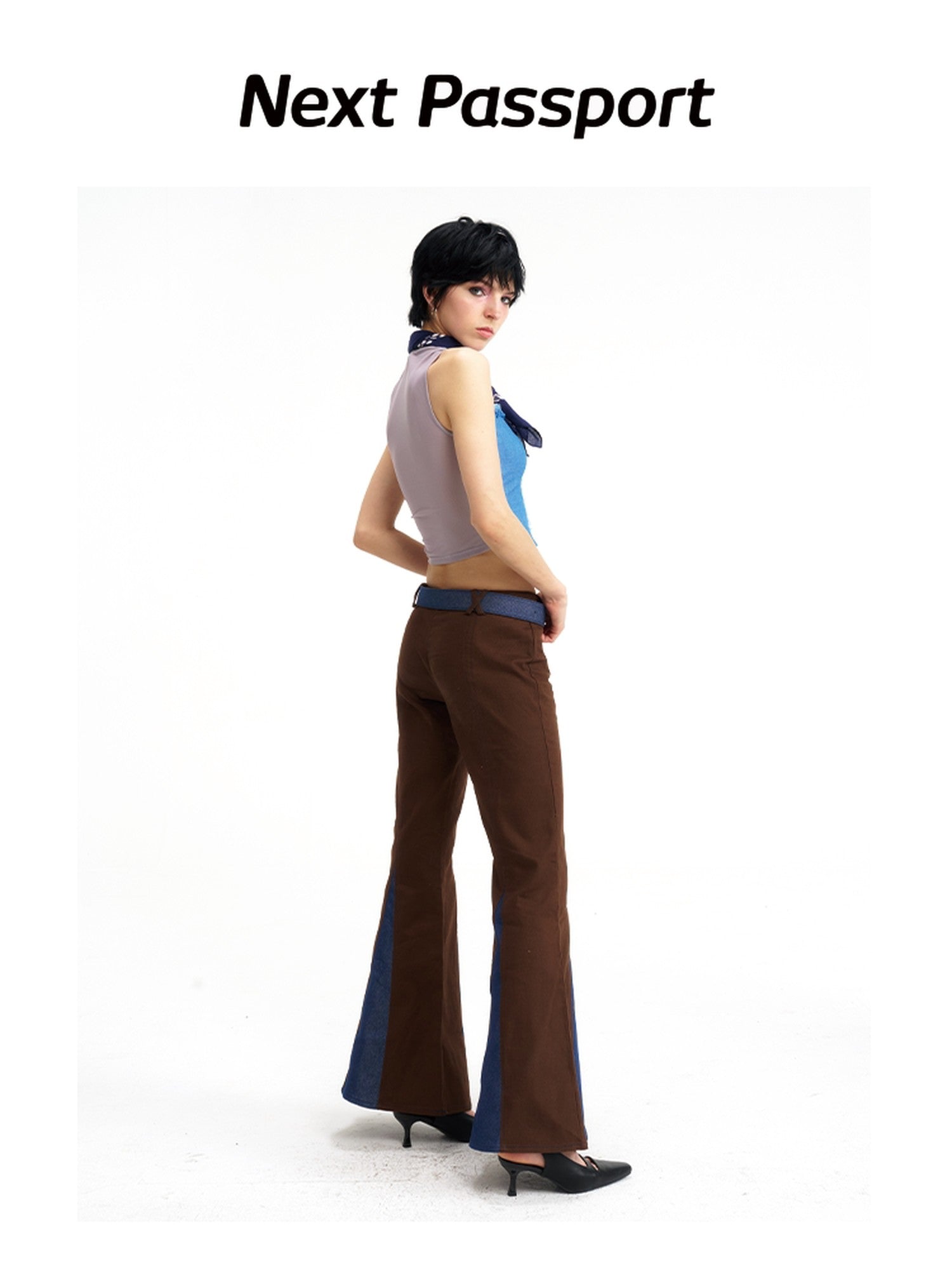 NextPassport MOF Brown Patchwork Denim Low Waist Zipper Women's Polyester Flare Jeans