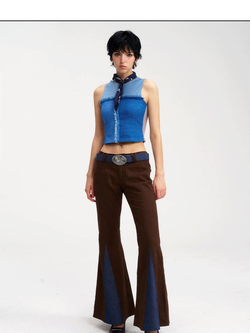 NextPassport MOF Brown Patchwork Denim Low Waist Zipper Women's Polyester Flare Jeans