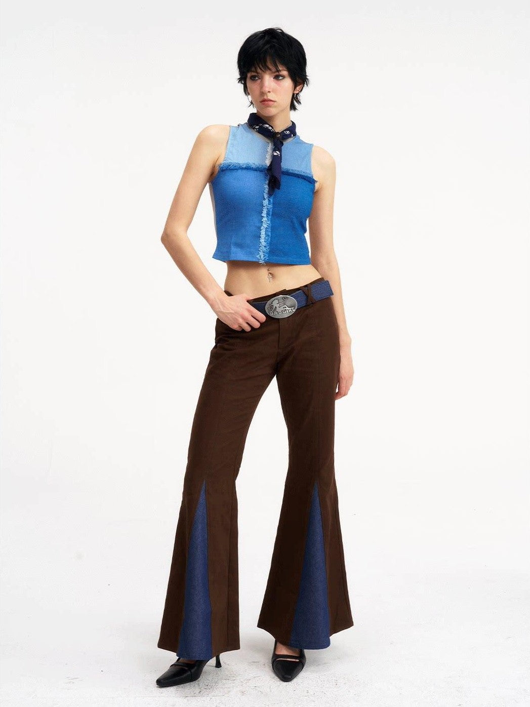 NextPassport MOF Brown Patchwork Denim Low Waist Zipper Women's Polyester Flare Jeans