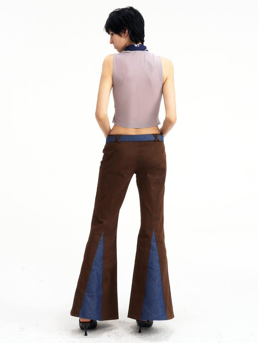 NextPassport MOF Brown Patchwork Denim Low Waist Zipper Women's Polyester Flare Jeans