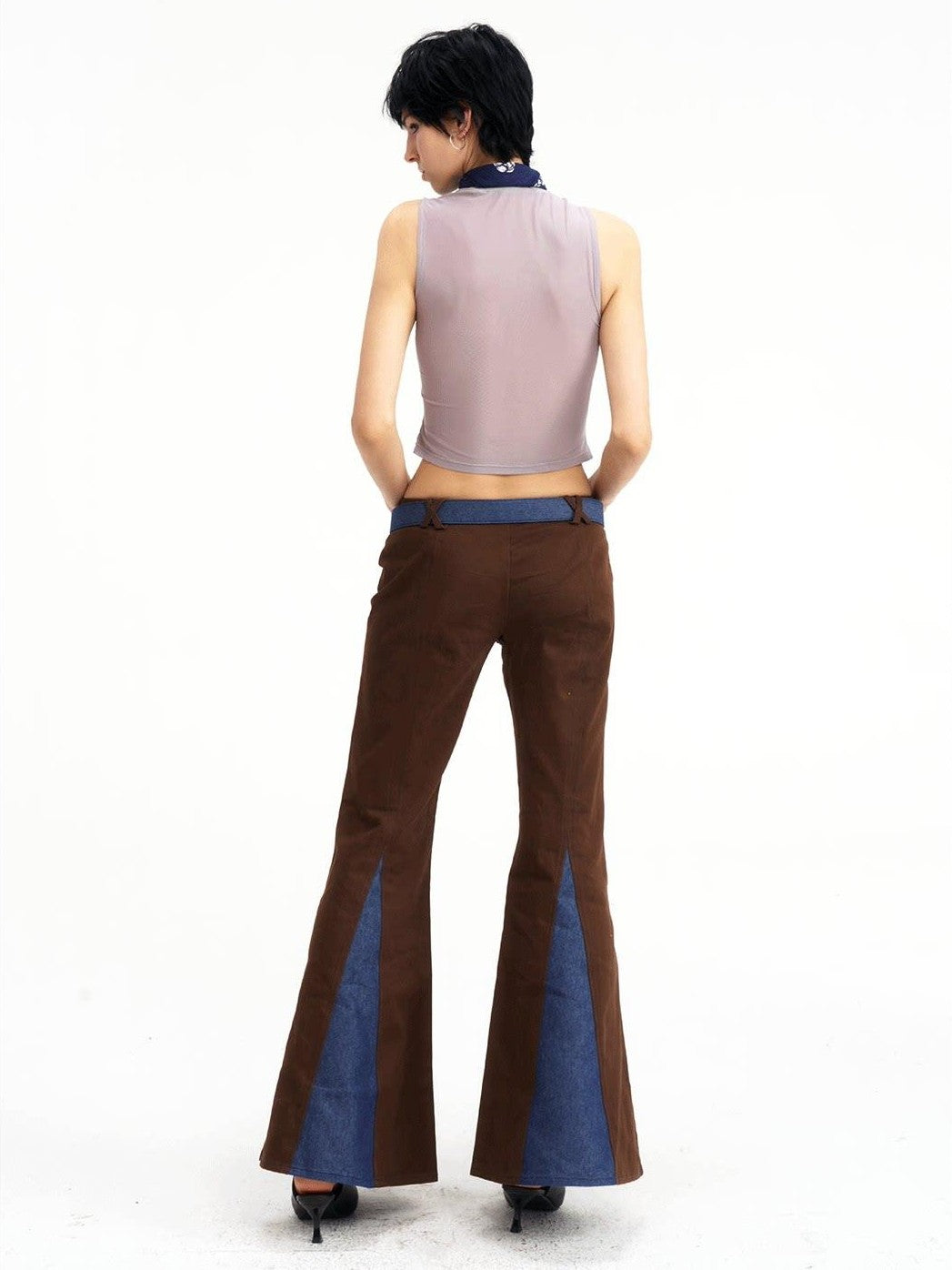 NextPassport MOF Brown Patchwork Denim Low Waist Zipper Women's Polyester Flare Jeans