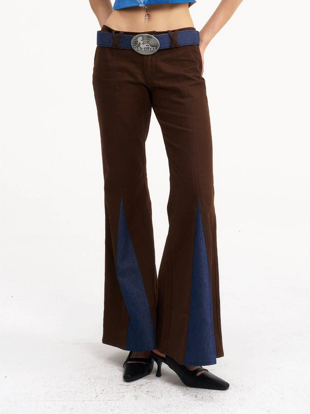 NextPassport MOF Brown Patchwork Denim Low Waist Zipper Women's Polyester Flare Jeans