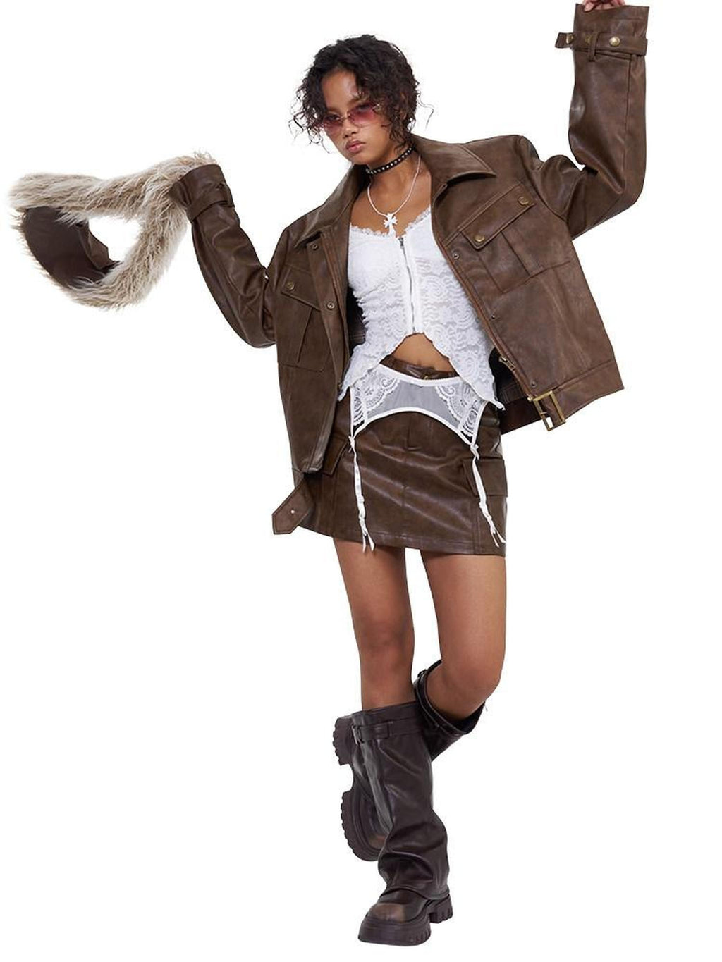 NextPassport MOF Brown Patchwork Pocket Mechanical Lapel Short Women's Pu Moto Jackets