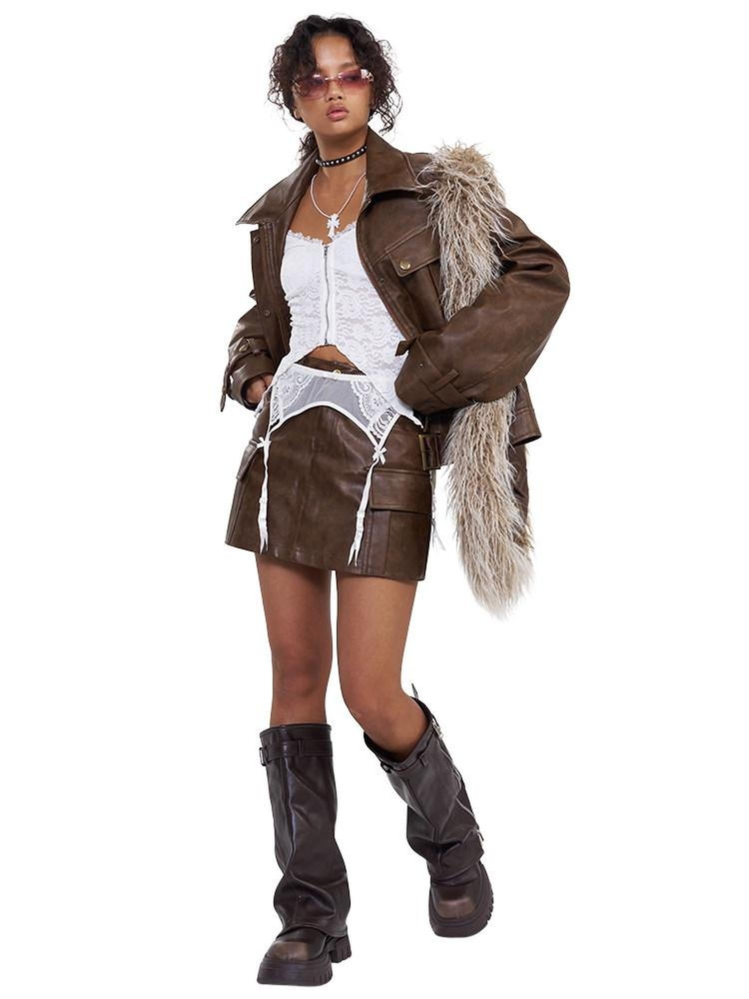 NextPassport MOF Brown Patchwork Pocket Mechanical Lapel Short Women's Pu Moto Jackets
