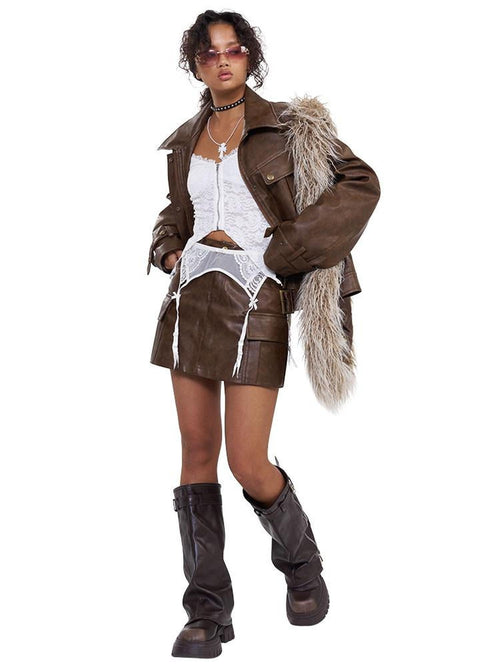 NextPassport MOF Brown Patchwork Pocket Mechanical Lapel Short Women's Pu Moto Jackets