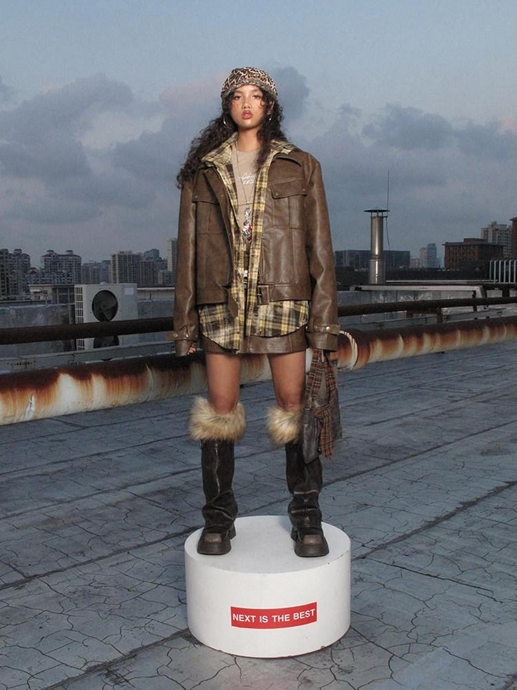 NextPassport MOF Brown Patchwork Pocket Mechanical Lapel Short Women's Pu Moto Jackets