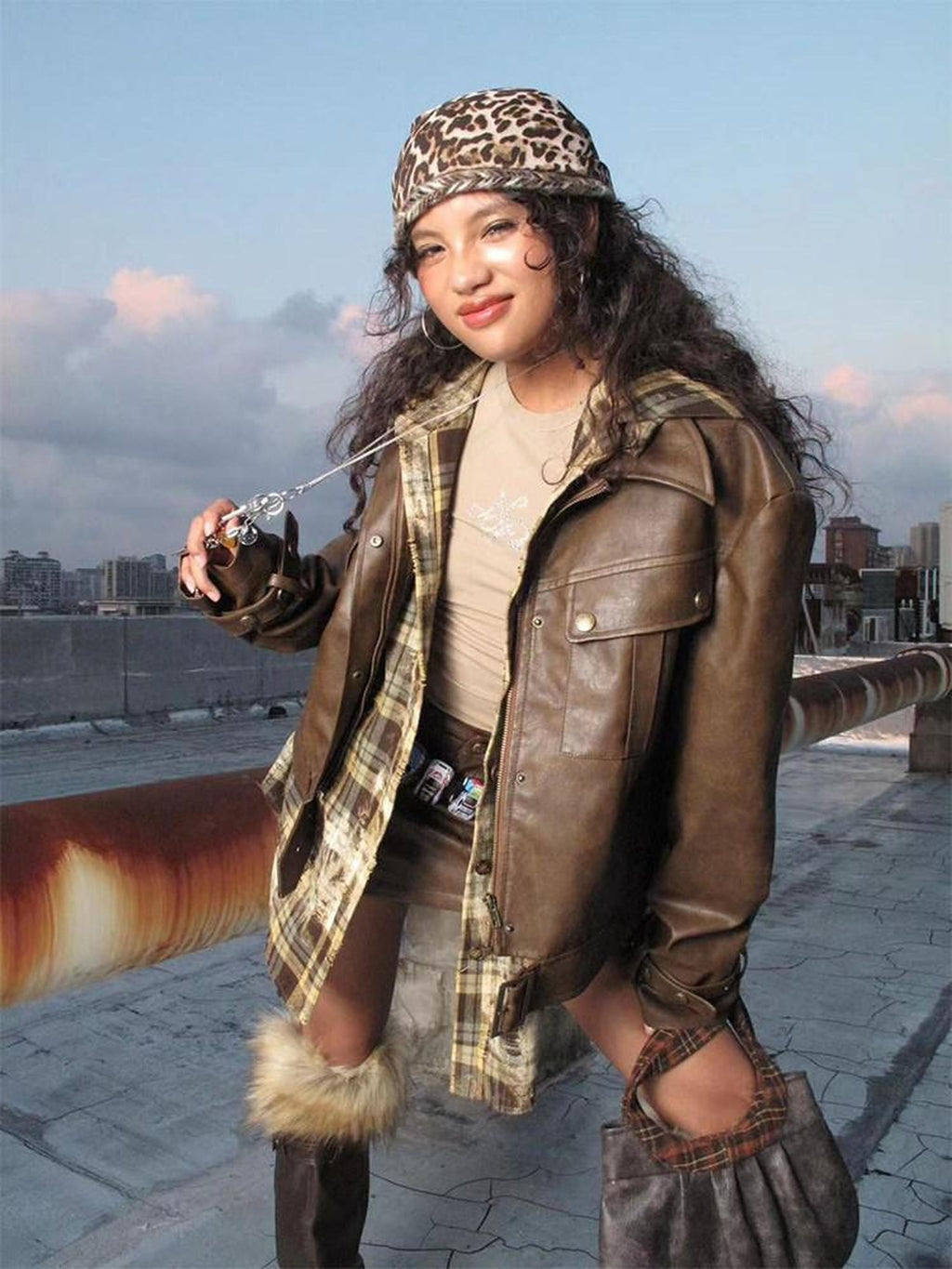 NextPassport MOF Brown Patchwork Pocket Mechanical Lapel Short Women's Pu Moto Jackets