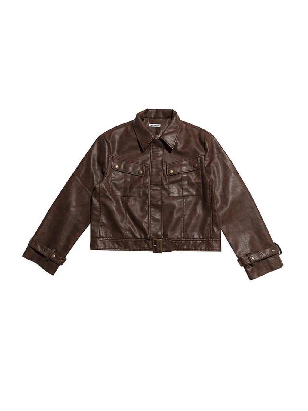 NextPassport MOF Brown Patchwork Pocket Mechanical Lapel Short Women's Pu Moto Jackets