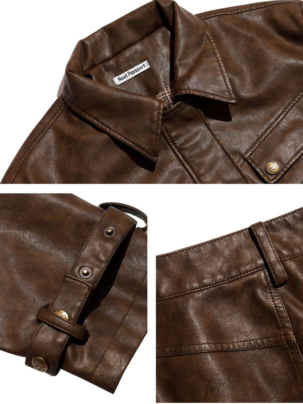 NextPassport MOF Brown Patchwork Pocket Mechanical Lapel Short Women's Pu Moto Jackets