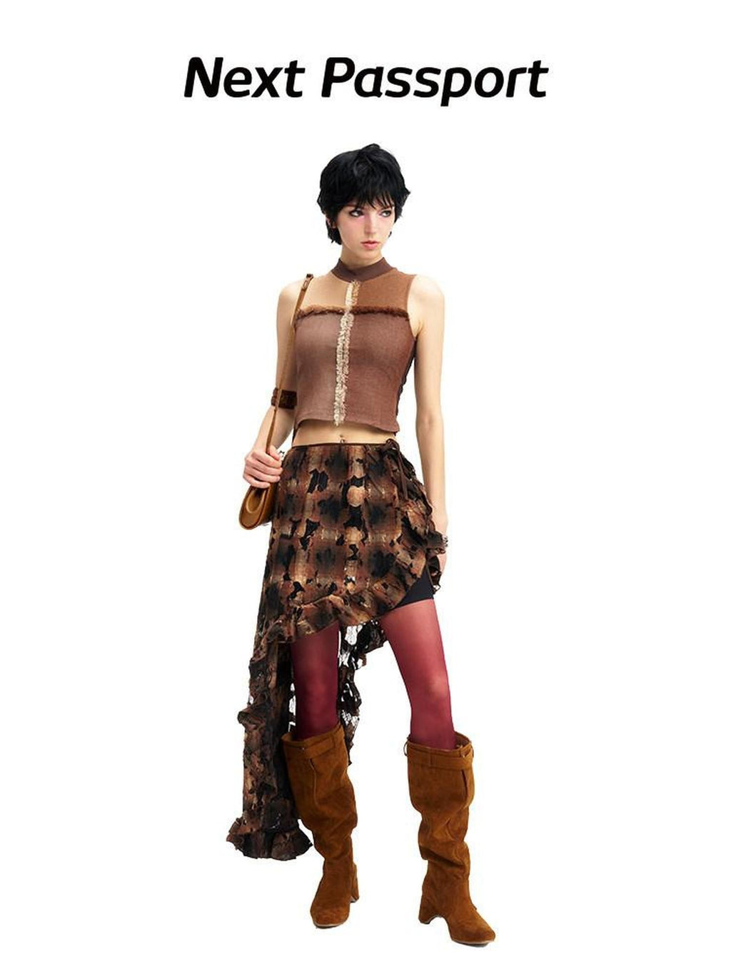 NextPassport MOF Brown Plaid Cutout Lace Distressed Women's Cotton Asymmetric Clothing Accessories