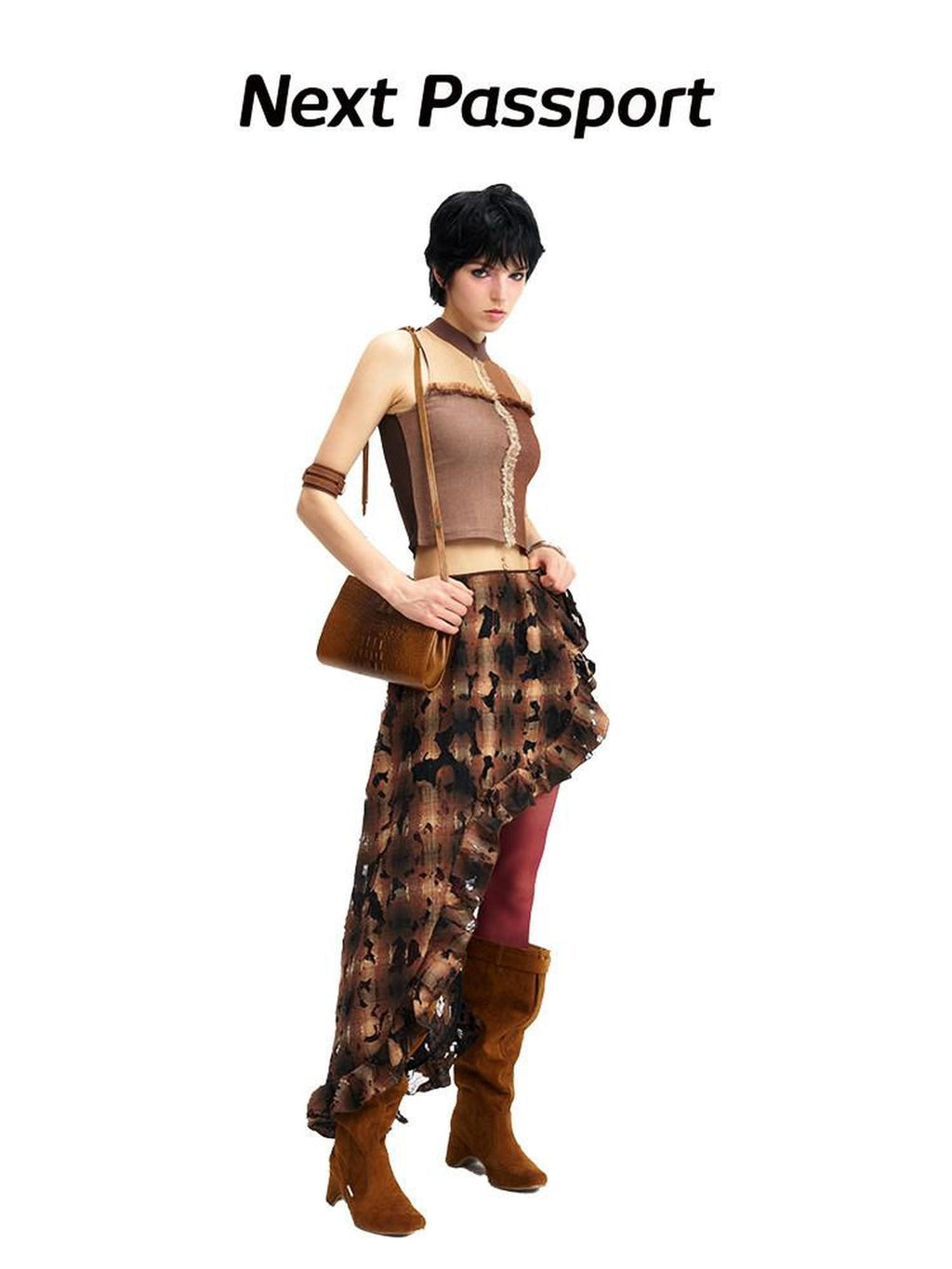NextPassport MOF Brown Plaid Cutout Lace Distressed Women's Cotton Asymmetric Clothing Accessories