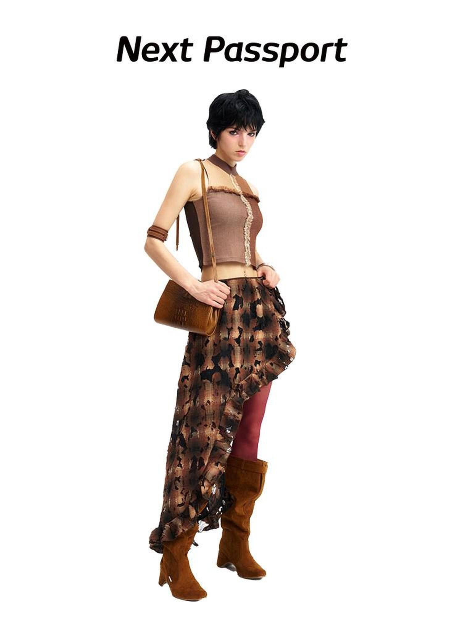 NextPassport MOF Brown Plaid Cutout Lace Distressed Women's Cotton Asymmetric Clothing Accessories