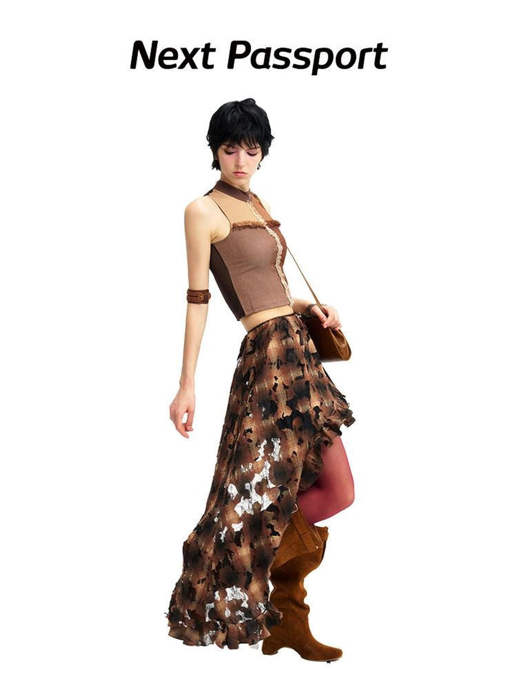 NextPassport MOF Brown Plaid Cutout Lace Distressed Women's Cotton Asymmetric Clothing Accessories