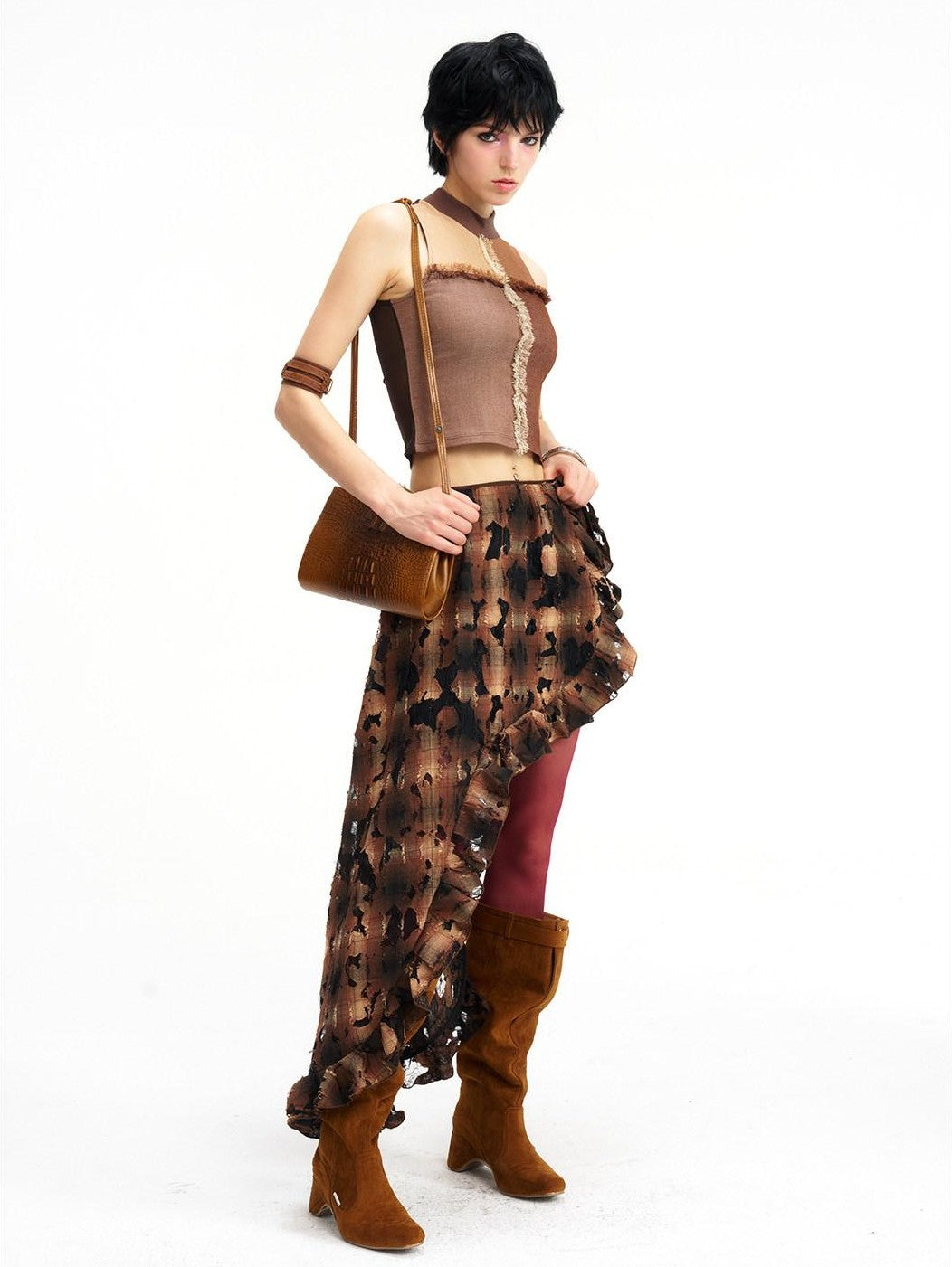 NextPassport MOF Brown Plaid Cutout Lace Distressed Women's Cotton Asymmetric Clothing Accessories
