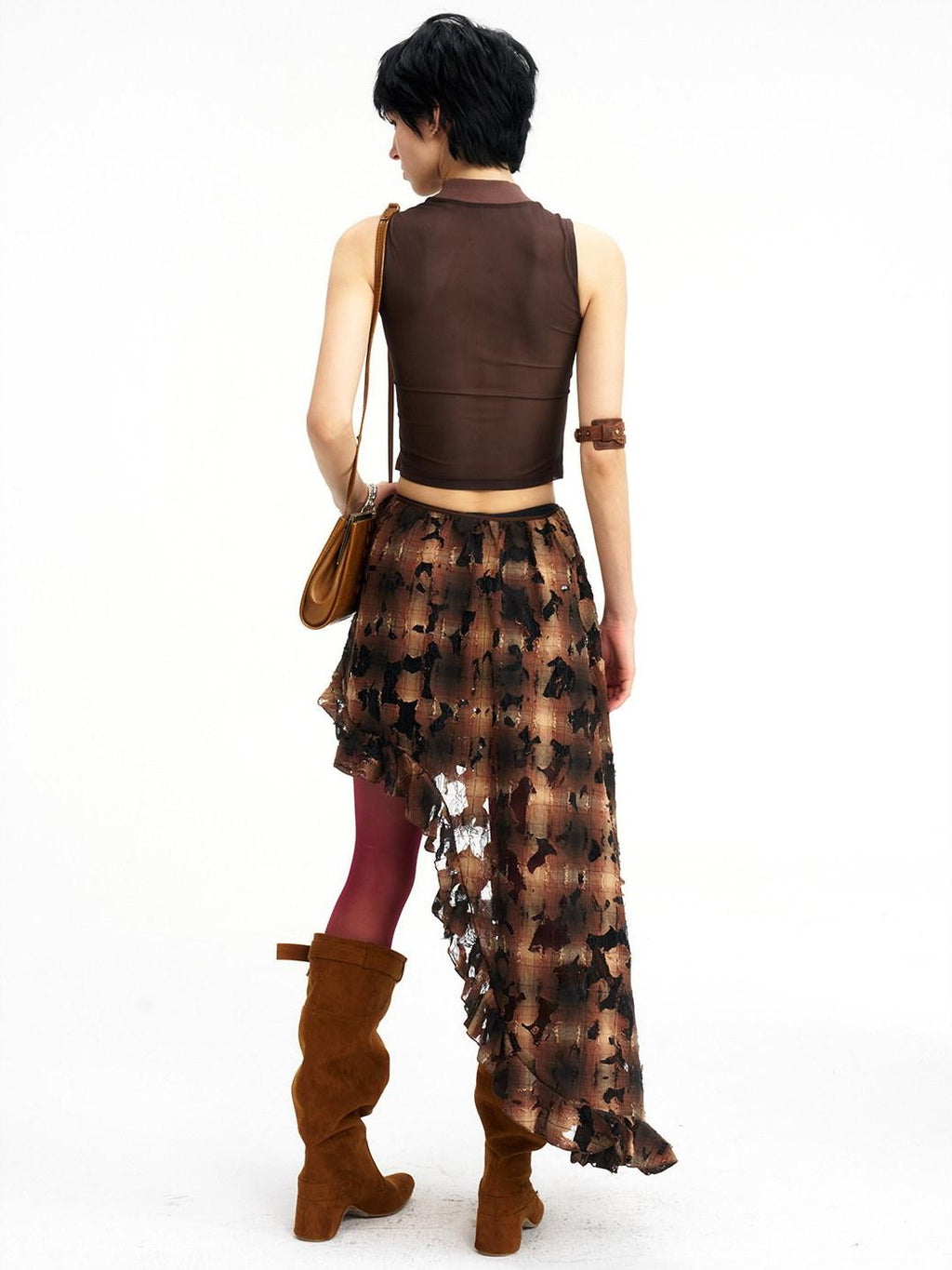 NextPassport MOF Brown Plaid Cutout Lace Distressed Women's Cotton Asymmetric Clothing Accessories