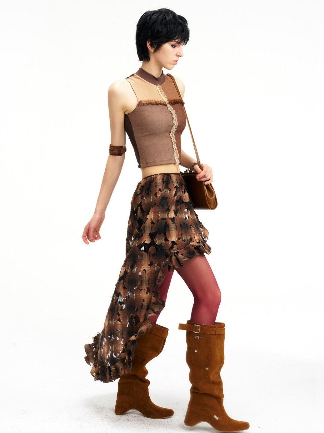 NextPassport MOF Brown Plaid Cutout Lace Distressed Women's Cotton Asymmetric Clothing Accessories