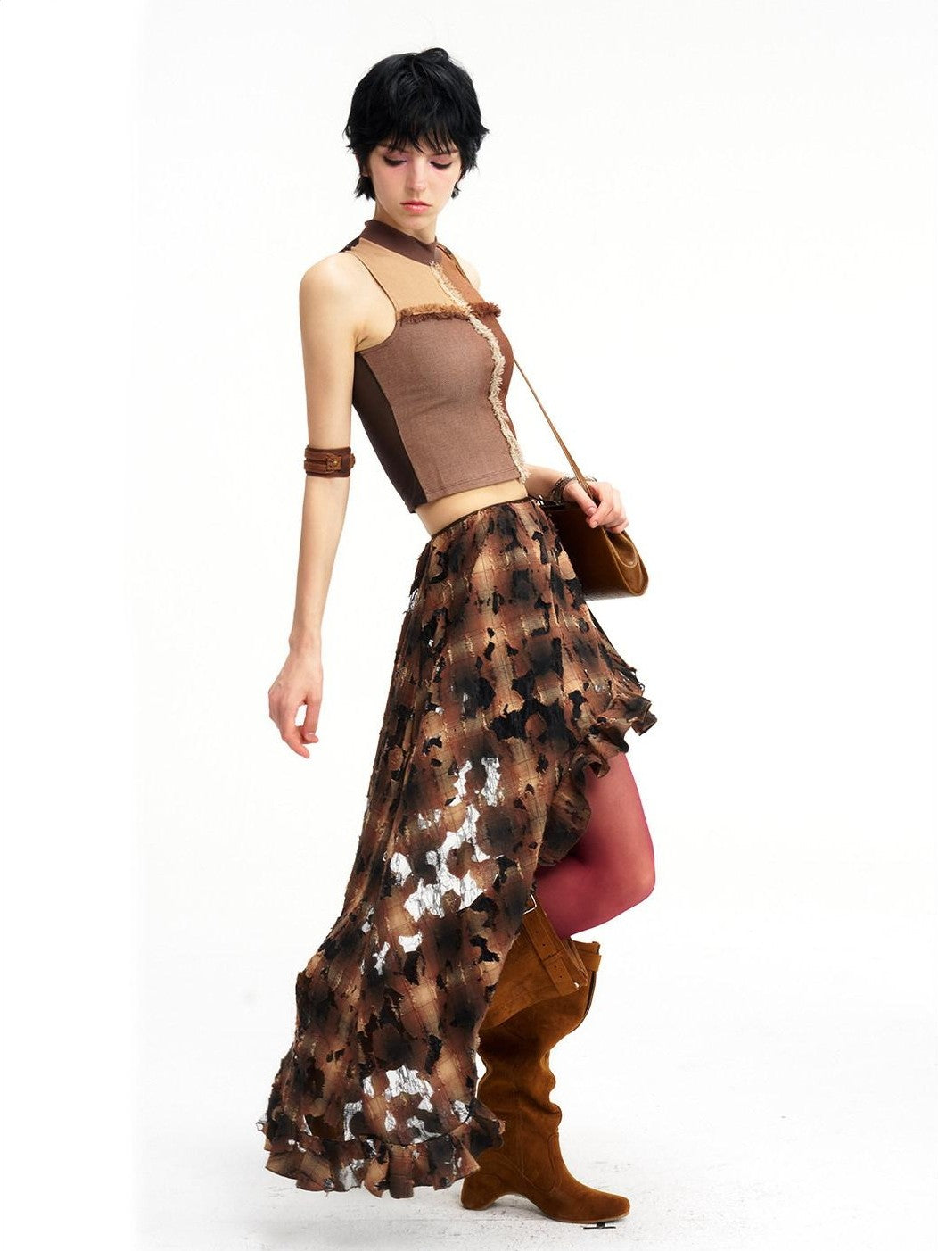 NextPassport MOF Brown Plaid Cutout Lace Distressed Women's Cotton Asymmetric Clothing Accessories