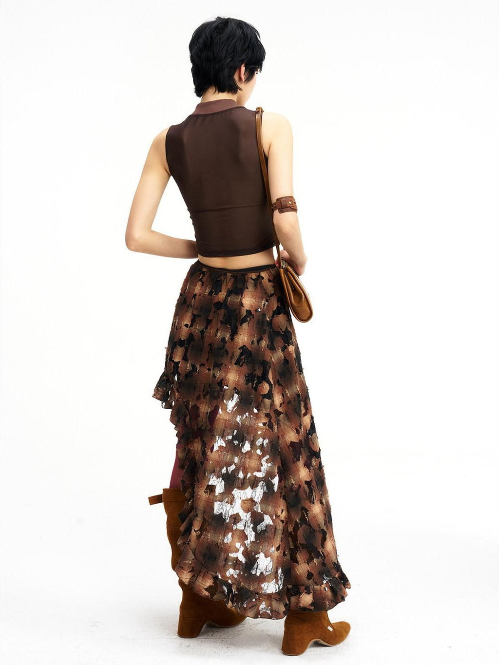 NextPassport MOF Brown Plaid Cutout Lace Distressed Women's Cotton Asymmetric Clothing Accessories