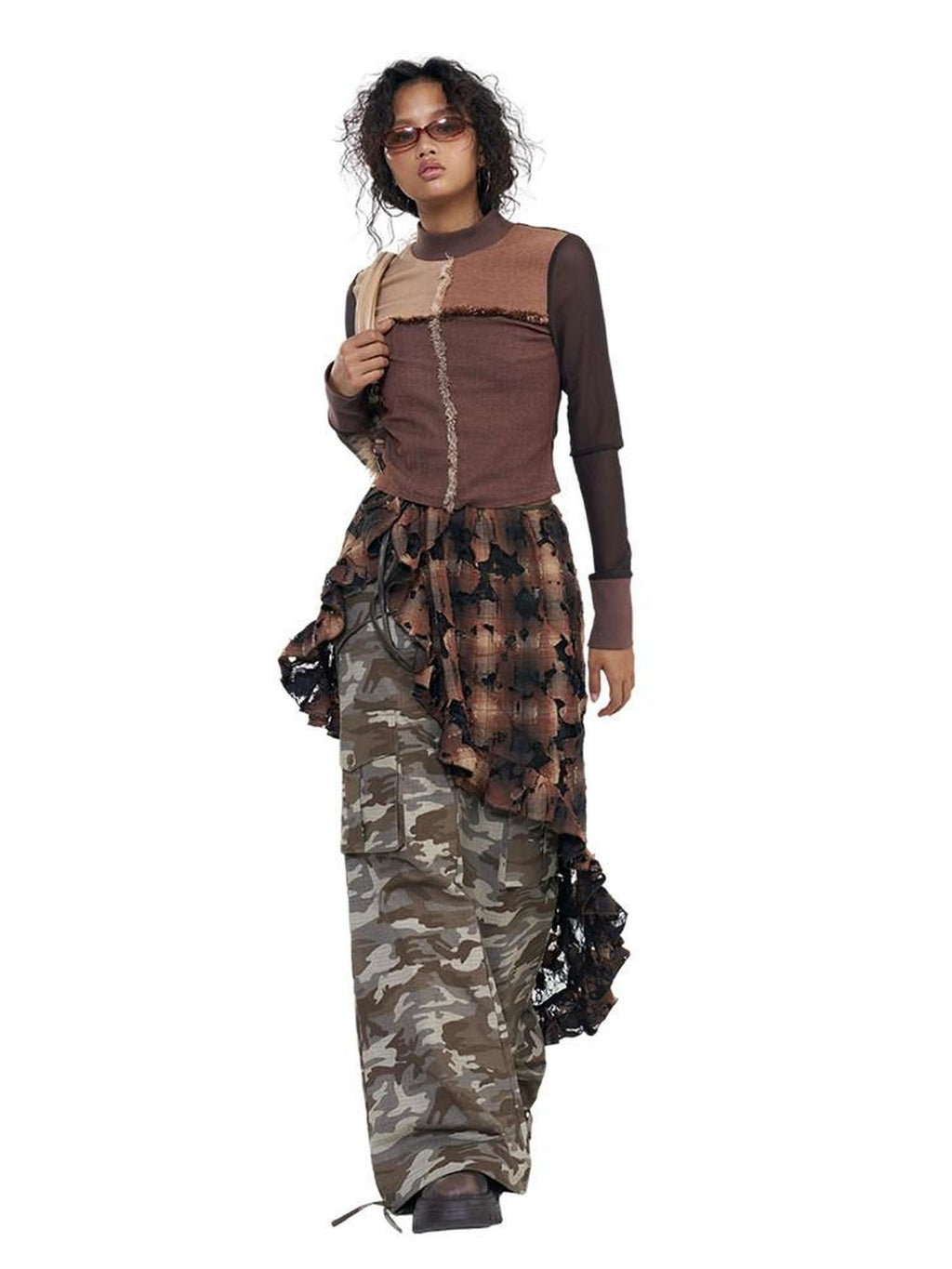 NextPassport MOF Brown Plaid Distressed Lace Patchwork Women's Cotton Clothing Accessories