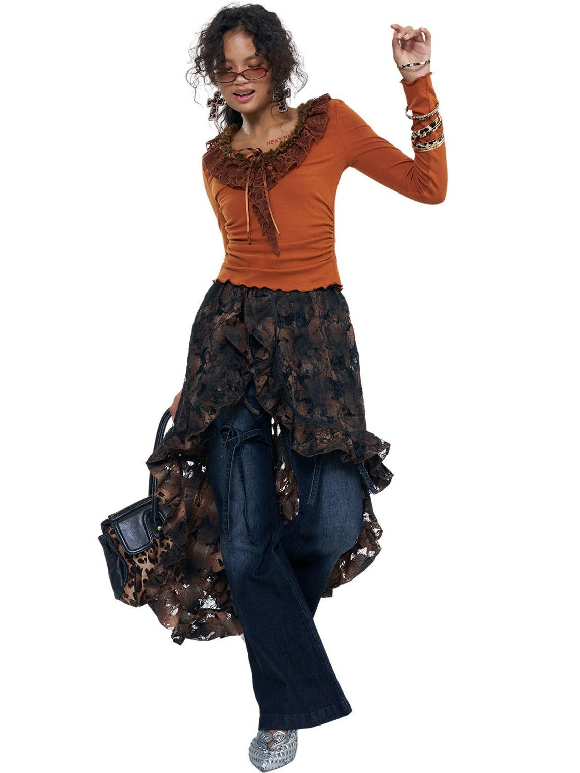 NextPassport MOF Brown Plaid Distressed Lace Patchwork Women's Cotton Clothing Accessories