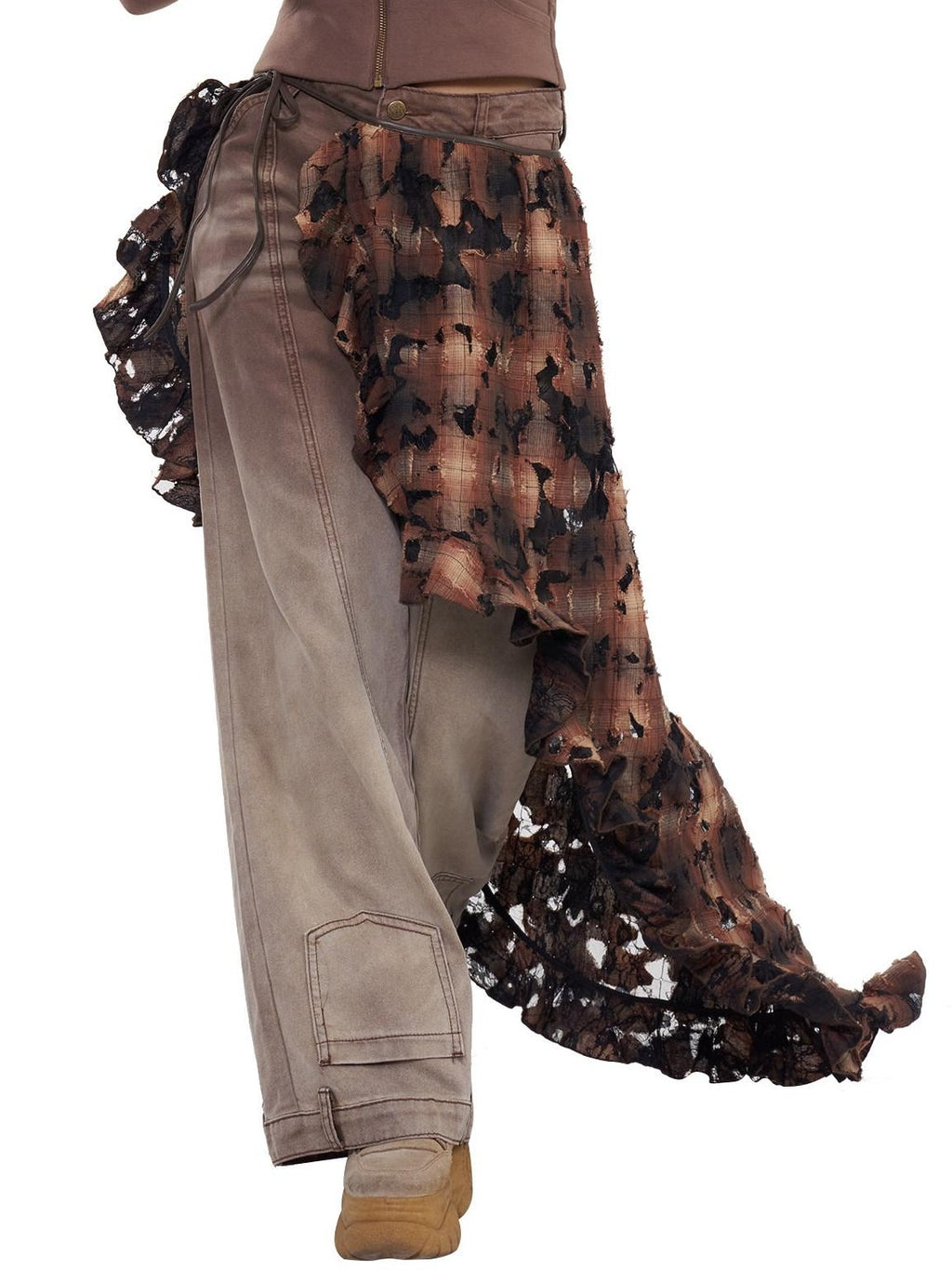NextPassport MOF Brown Plaid Distressed Lace Patchwork Women's Cotton Clothing Accessories