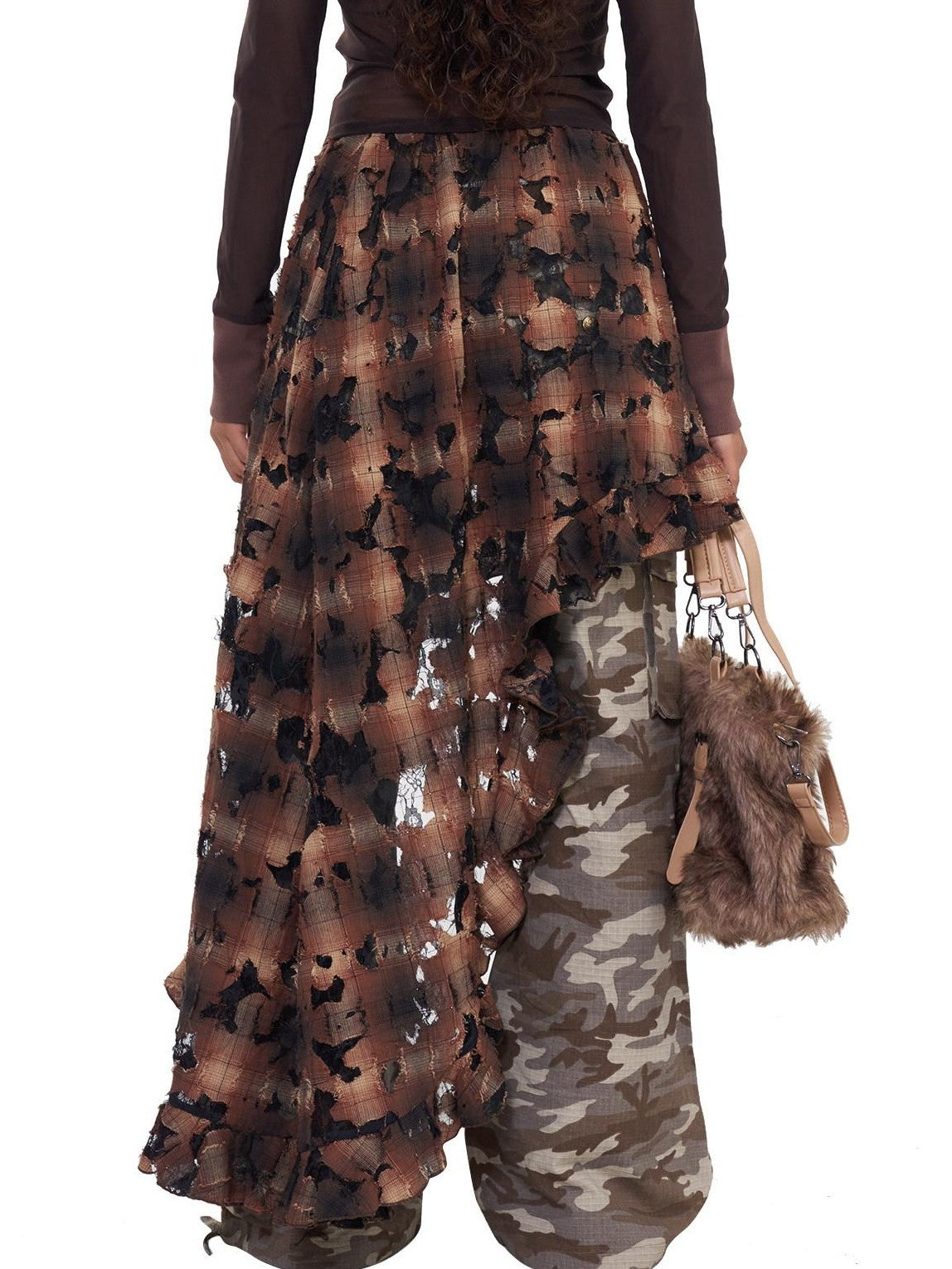 NextPassport MOF Brown Plaid Distressed Lace Patchwork Women's Cotton Clothing Accessories