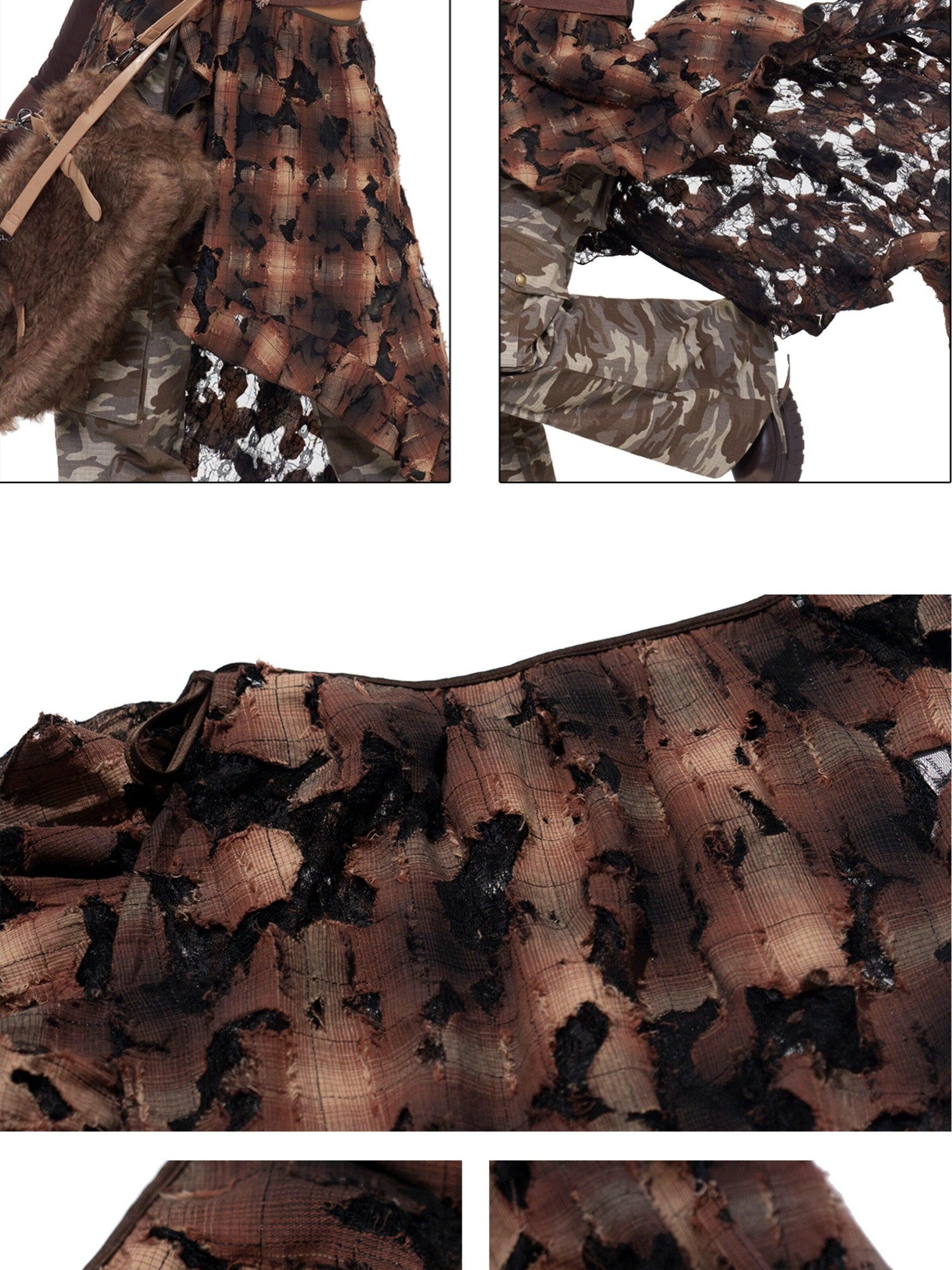 NextPassport MOF Brown Plaid Distressed Lace Patchwork Women's Cotton Clothing Accessories