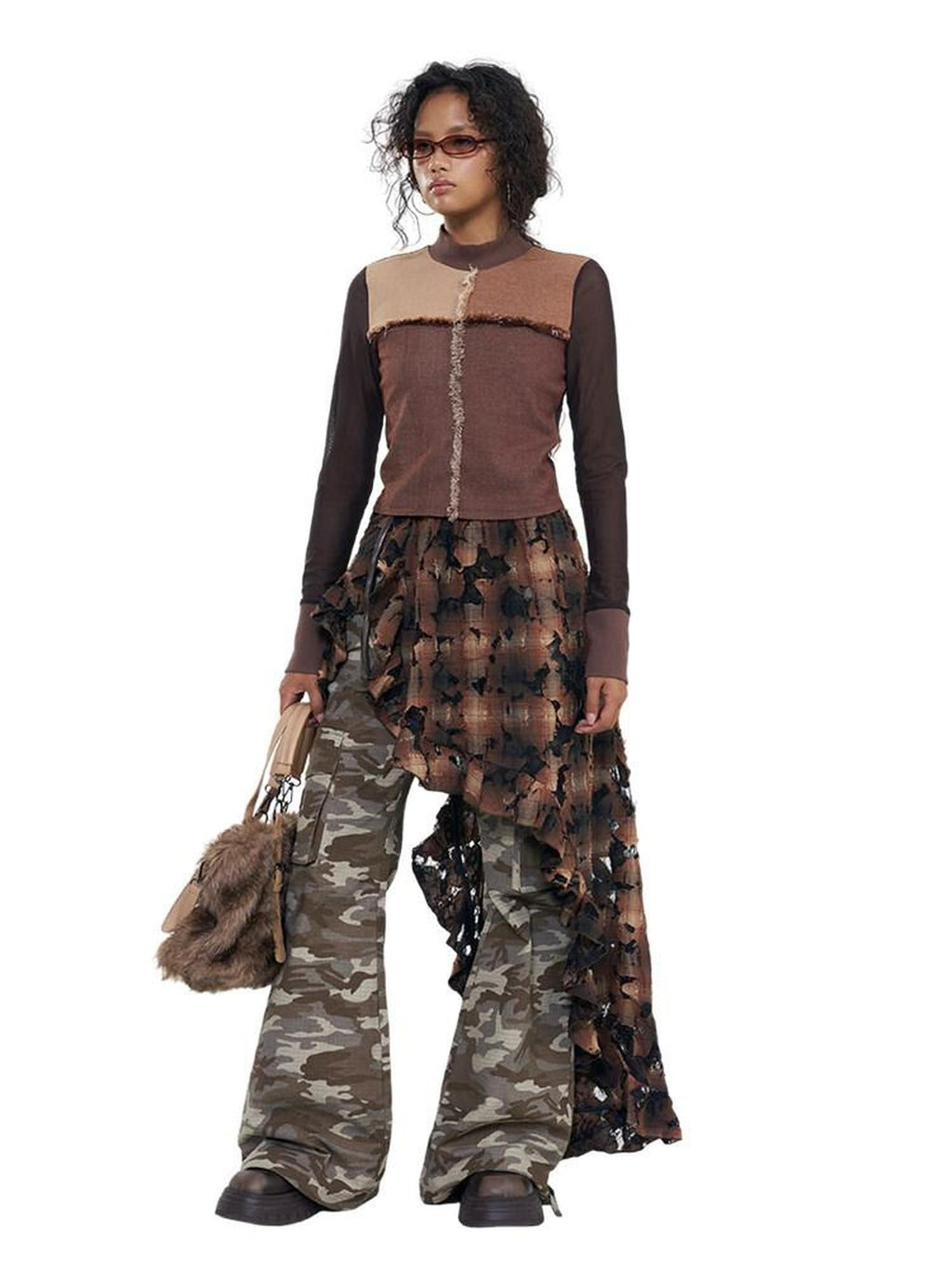 NextPassport MOF Brown Plaid Distressed Lace Patchwork Women's Cotton Clothing Accessories