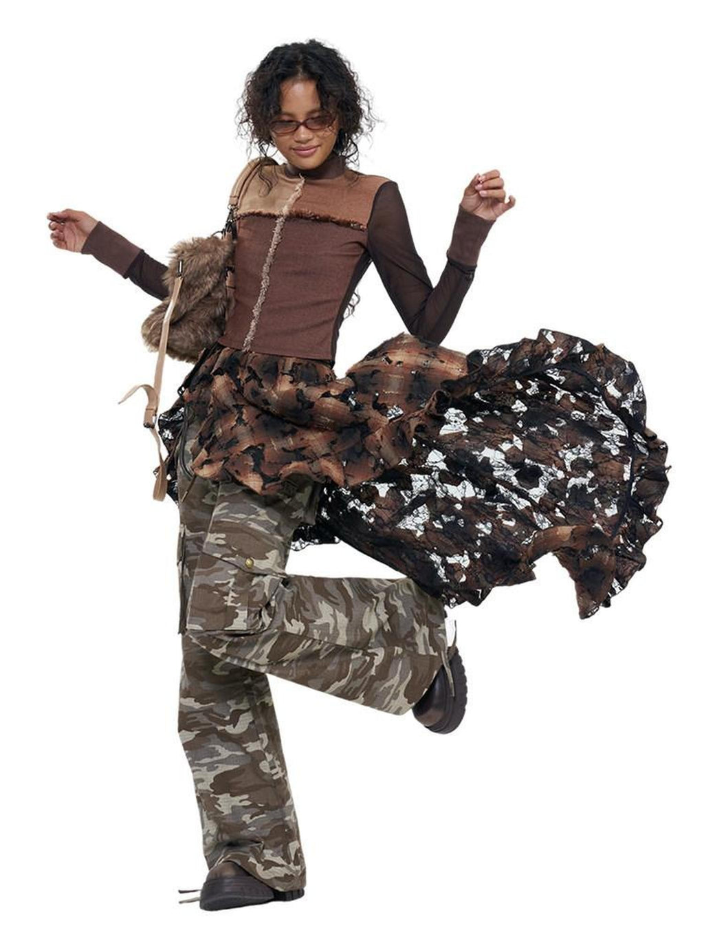 NextPassport MOF Brown Plaid Distressed Lace Patchwork Women's Cotton Clothing Accessories