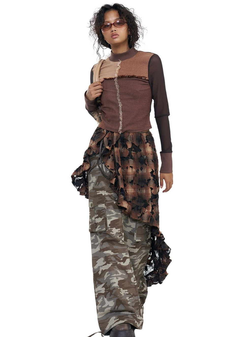 NextPassport MOF Brown Plaid Distressed Lace Patchwork Women's Cotton Clothing Accessories