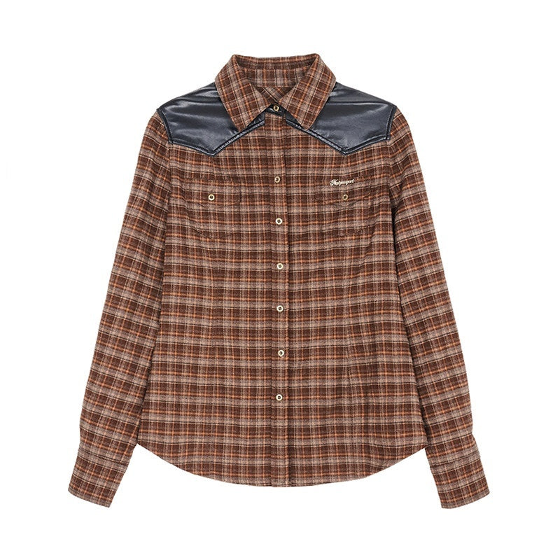 NextPassport_MOF_Brown_Plaid_Leather_Patch_Polo_Long_Sleeve_Women's_Polyester_Shirts_744030022133_MISSTT