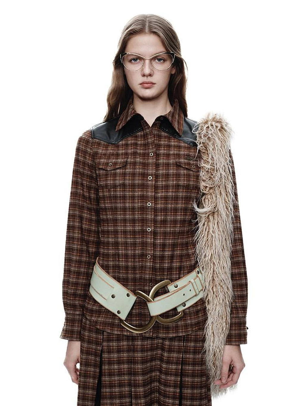 NextPassport MOF Brown Plaid Leather Patch Polo Long Sleeve Women's Polyester Shirts