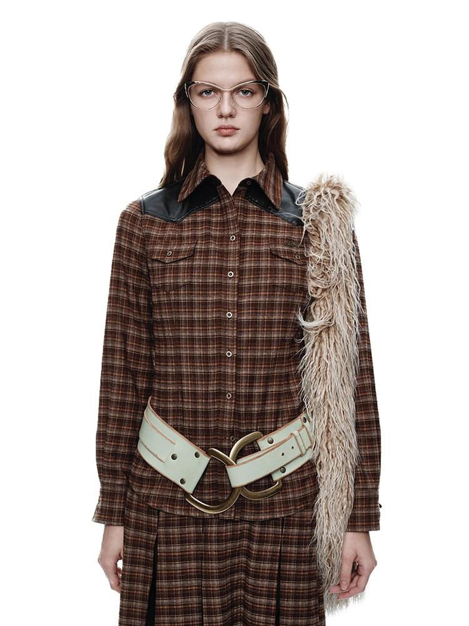 NextPassport MOF Brown Plaid Leather Patch Polo Long Sleeve Women's Polyester Shirts
