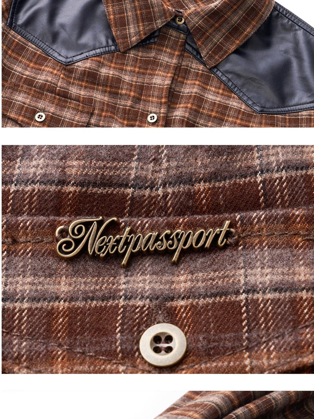 NextPassport MOF Brown Plaid Leather Patch Polo Long Sleeve Women's Polyester Shirts