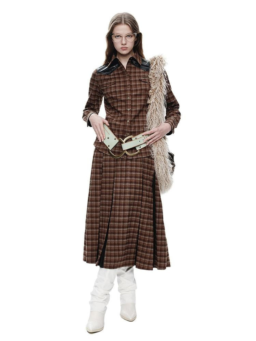 NextPassport MOF Brown Plaid Leather Patch Polo Long Sleeve Women's Polyester Shirts