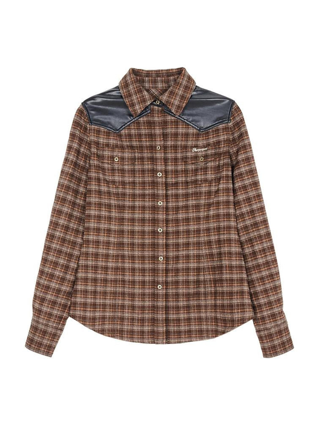 NextPassport MOF Brown Plaid Leather Patch Polo Long Sleeve Women's Polyester Shirts