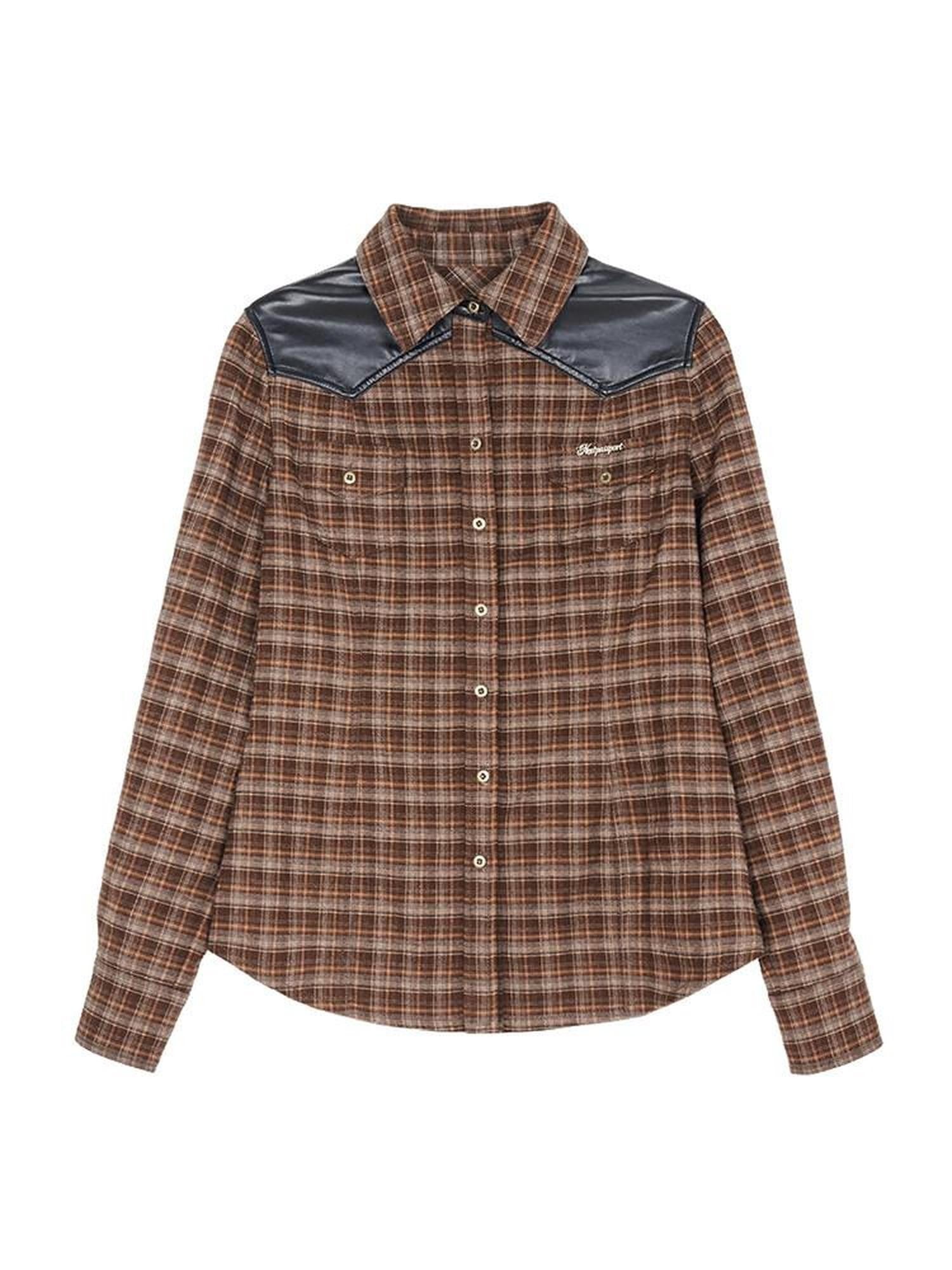 NextPassport MOF Brown Plaid Leather Patch Polo Long Sleeve Women's Polyester Shirts