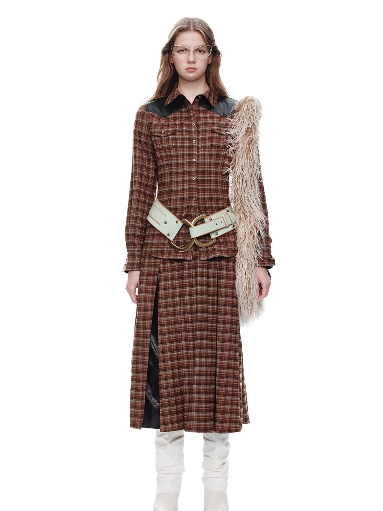 NextPassport MOF Brown Plaid Leather Patch Polo Long Sleeve Women's Polyester Shirts