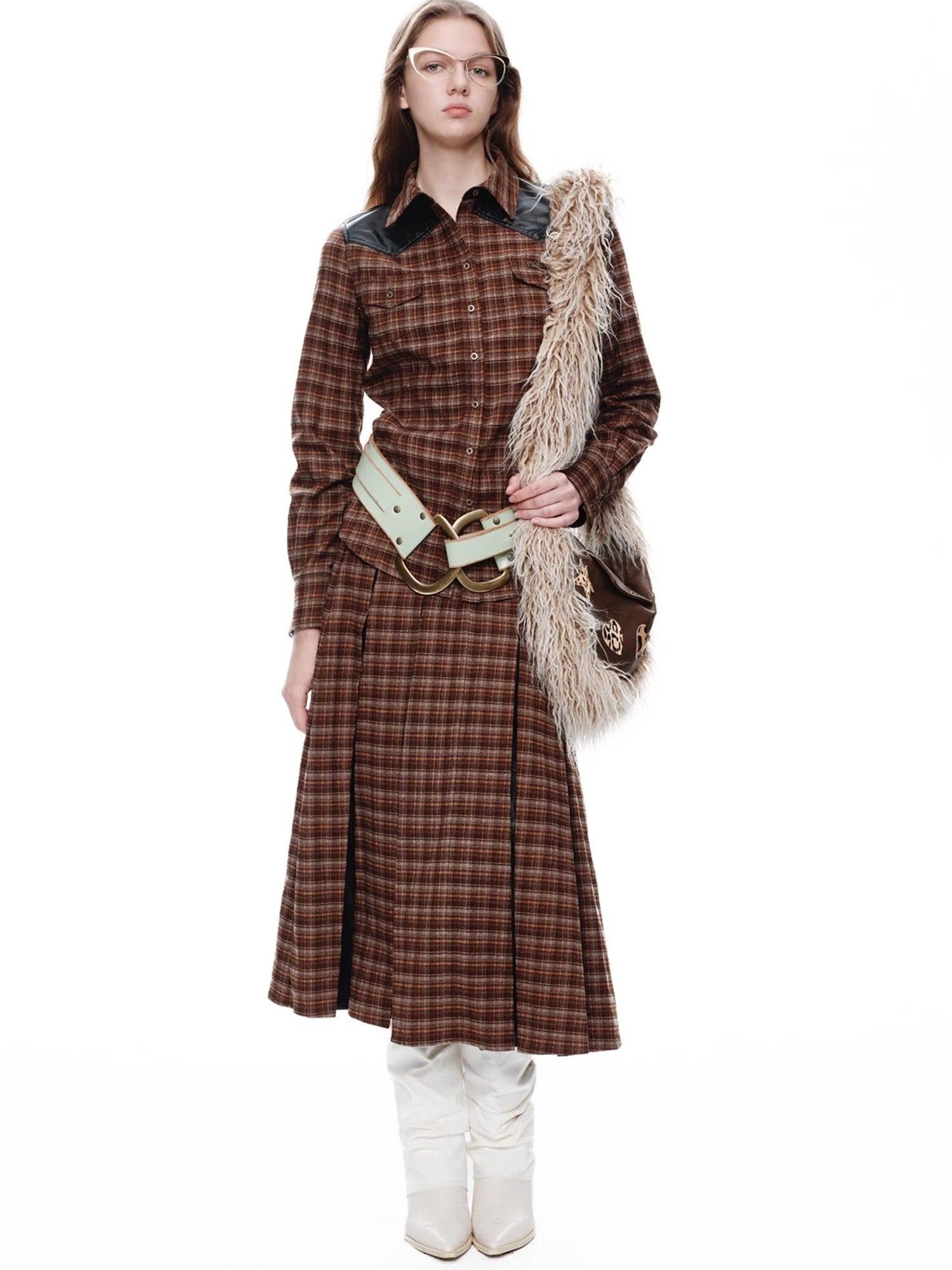 NextPassport MOF Brown Plaid Leather Patch Polo Long Sleeve Women's Polyester Shirts