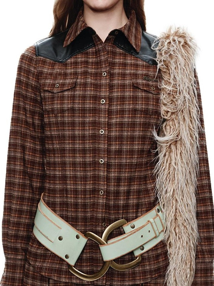 NextPassport MOF Brown Plaid Leather Patch Polo Long Sleeve Women's Polyester Shirts