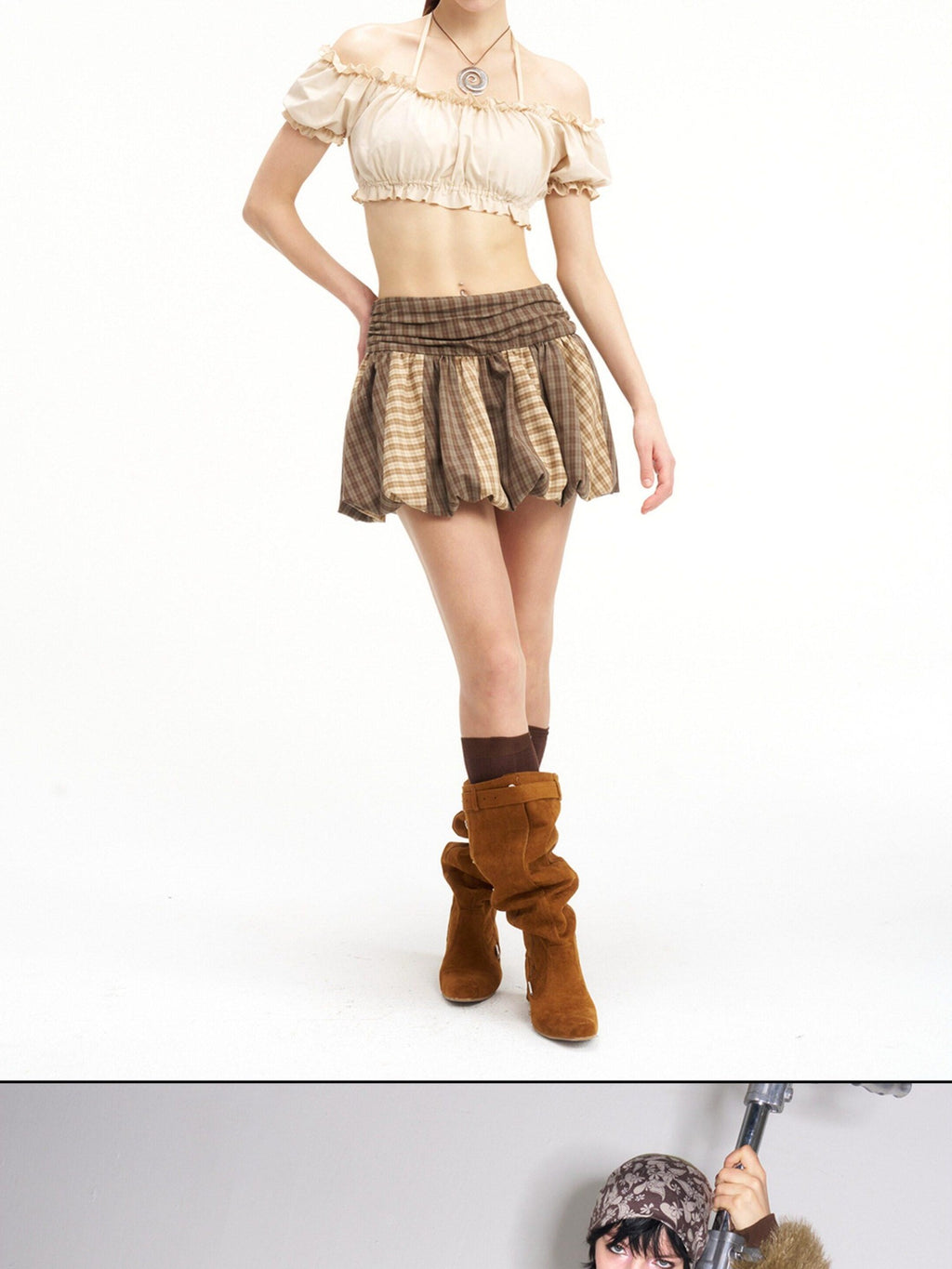 NextPassport MOF Brown Plaid Patchwork Striped Pumpkin Women's Polyester Blend Mini Skirts