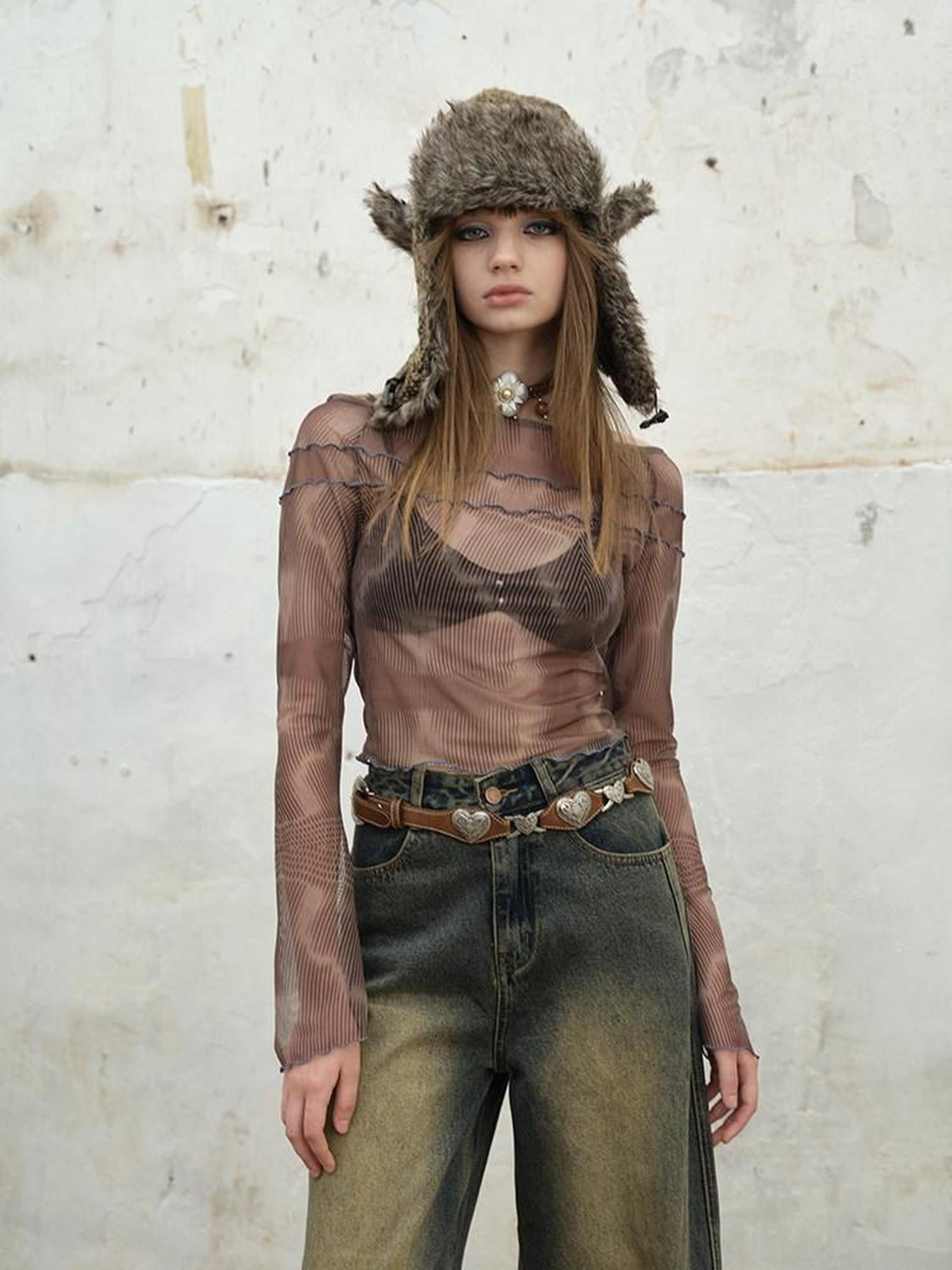NextPassport MOF Brown Printed Flocked Sheer Camisole Women's Mesh Long Sleeve T-shirts